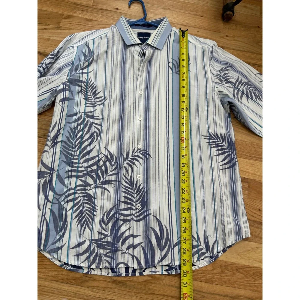 Tommy Bahama Mens Large Blue White Stripe Palm Leaf Long Sleeve Button Shirt‎